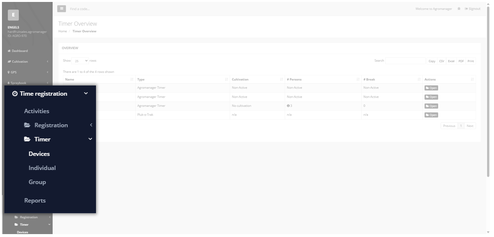 Overview with the Time Registration module in the menu